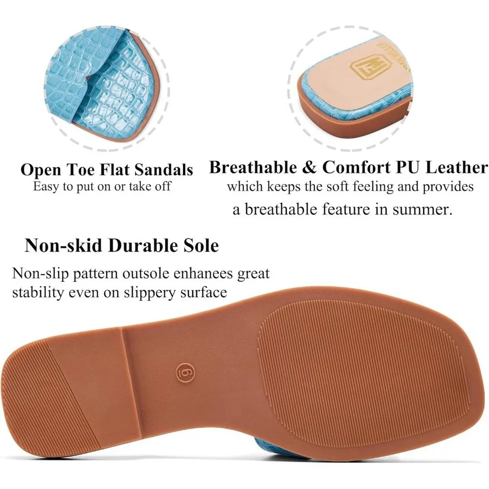 Women's Blue Square Slip On Open Toe Summer Beach Flat Slide Sandals - Picture 4 of 6